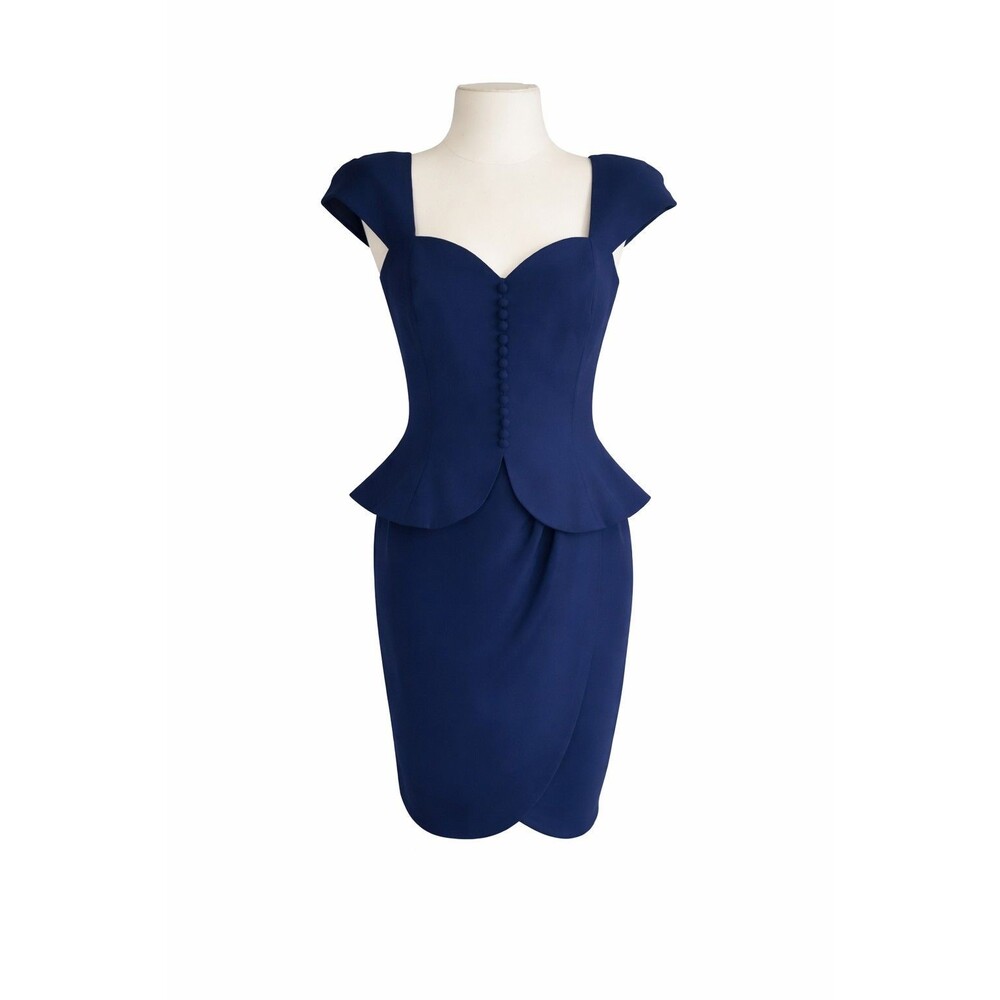 Vintage En Francais Huey Waltzer Navy Cocktail Dress Peplum Wiggle Size 10